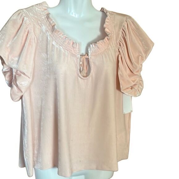 Free People Terese Top Size M Pink Tint Velvet poof short sleeve ruffle Tie Neck - Picture 6 of 12